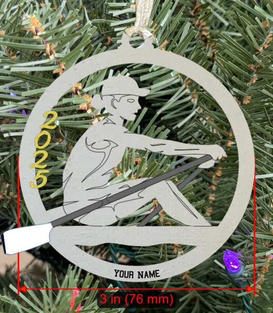 Personalizable Rowing (Crew) Ornament (D0001.001, Solo Female with Oar, Single Layer) with Year on Frame