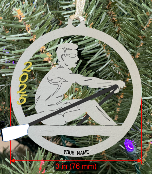 Personalizable Rowing (Crew) Ornament (D0001.001, Solo Male with Oar, Single Layer) with Year on Frame