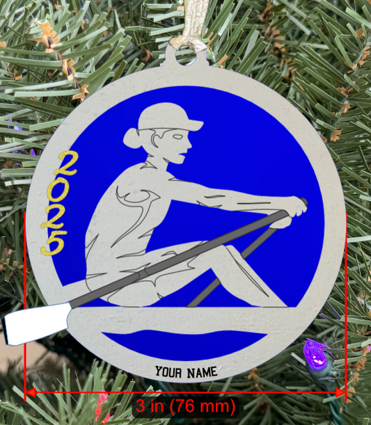 Personalizable Rowing (Crew) Ornament (D0001.001, Solo Female with Oar, Two Layer) with Year on Frame