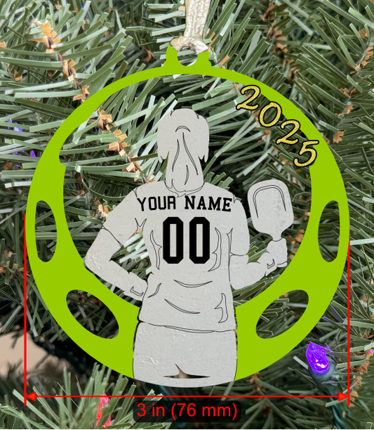 Personalizable Pickleball Ornament (D0001.000, Female, Single Layer) with Year on Frame