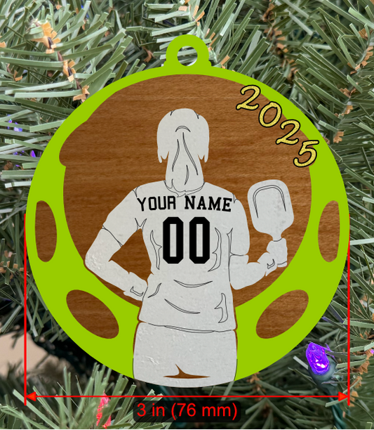 Personalizable Pickleball Ornament (D0001.000, Female, Two Layer) with Year on Frame