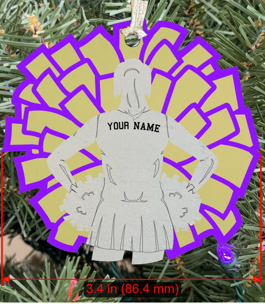 Personalizable Cheerleader Ornament (D0001.000, Female, Two Layer) Purple with Yellow Gold Mirror Acrylic Backing