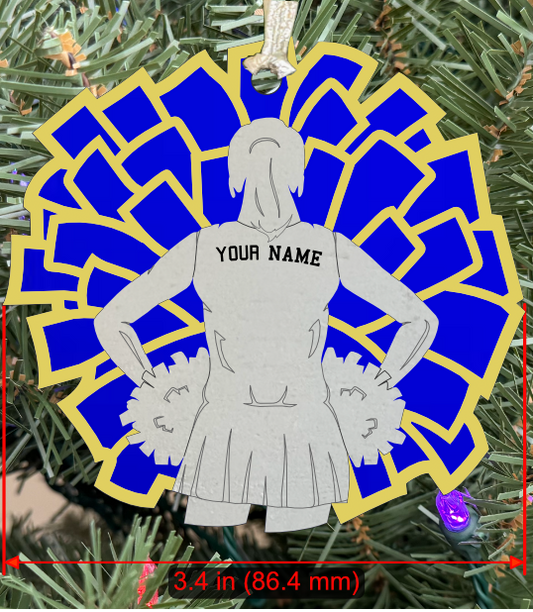 Personalizable Cheerleader Ornament (D0001.000, Female, Two Layer) Vegas Gold with Blue Mirror Acrylic