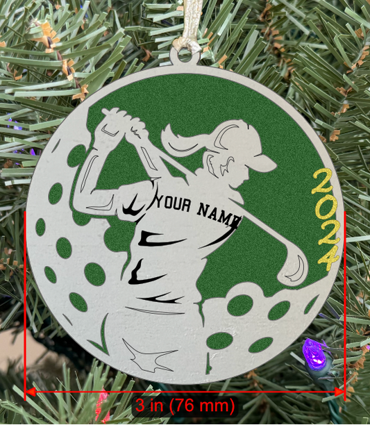 Personalizable Golf Ornament (Female, Two Layer) with Year on Frame