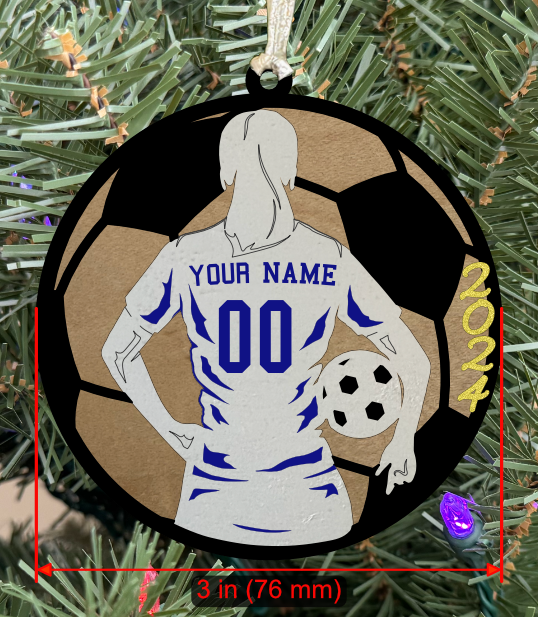 Personalizable Soccer Ornament (Female, Two Layer) with Year on Frame