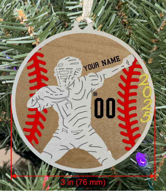 Personalizable Baseball LH Catcher Ornament (D0006.002, Male, Two Layer) with Year on Frame
