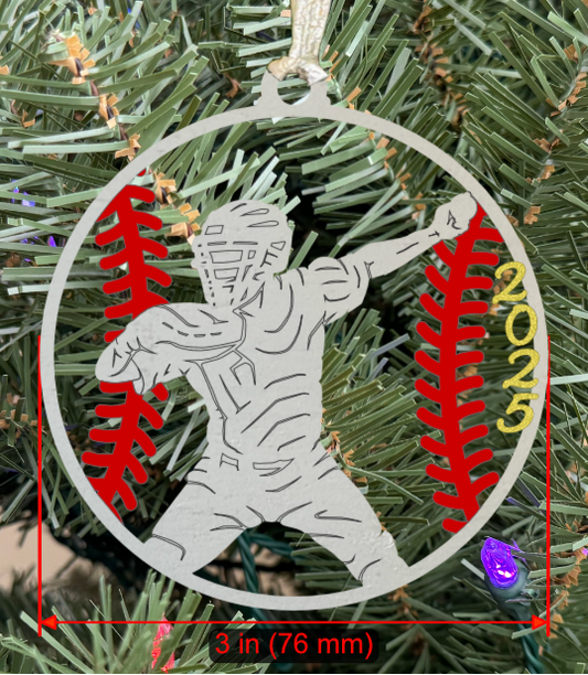 Personalizable Baseball LH Catcher Ornament (D0006.002, Male, Single Layer) with Year on Frame