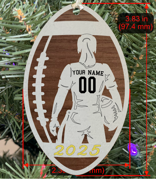 Personalizable Flag Football Ornament (D0002.000, Female, Two Layer) with Year on Frame